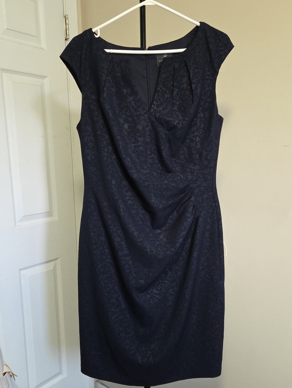 Adrianna Papell Navy Jacquard Cap-Sleeve Midi Dress